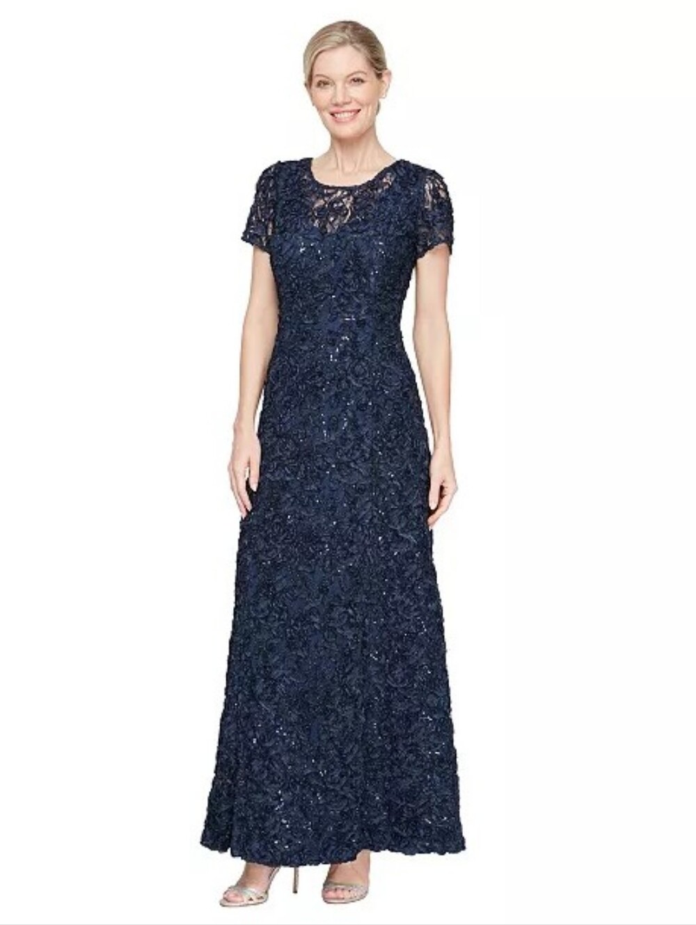 Alex Evenings Navy Blue Sequin Lace Maxi Dress